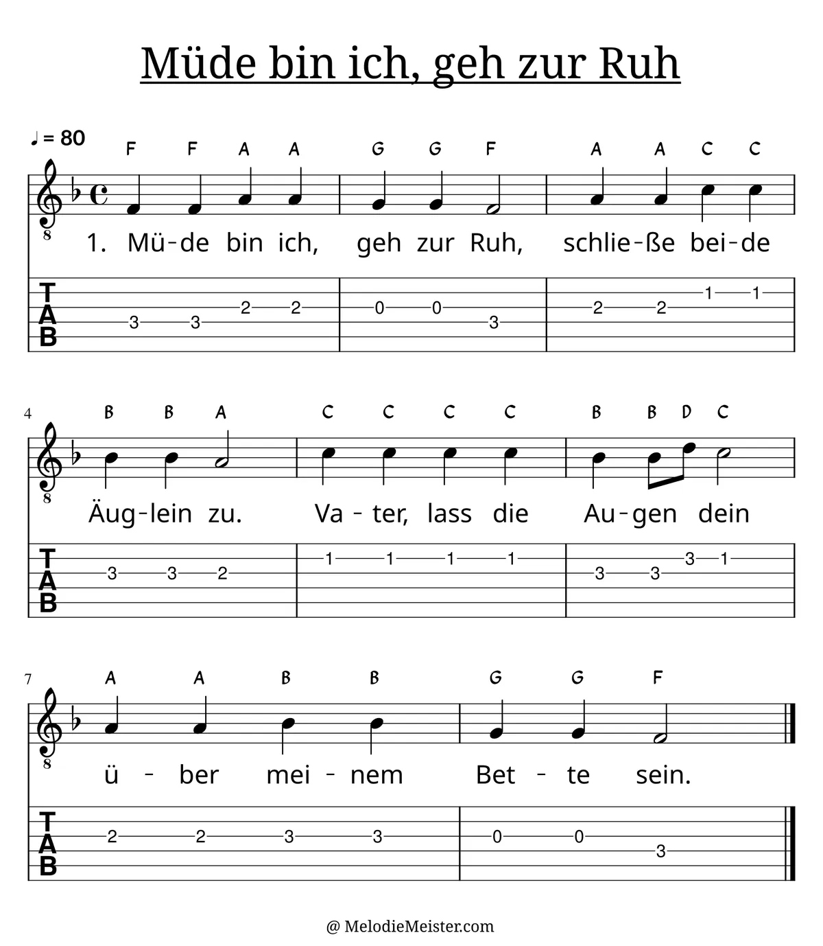 Müde bin ich, geh zur Ruh – Noten für Gitarre mit Tabulatur und Text zum Volkslied, geeignet für Anfänger