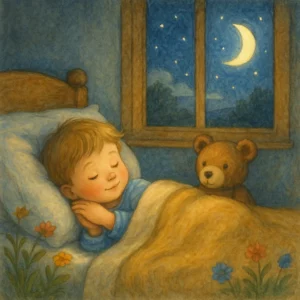 Ein kleines Kind schläft friedlich im Bett, eingekuschelt in eine Decke, Mondlicht scheint durchs Fenster, ein Teddybär sitzt am Bettrand, die Szene wirkt ruhig und geborgen.