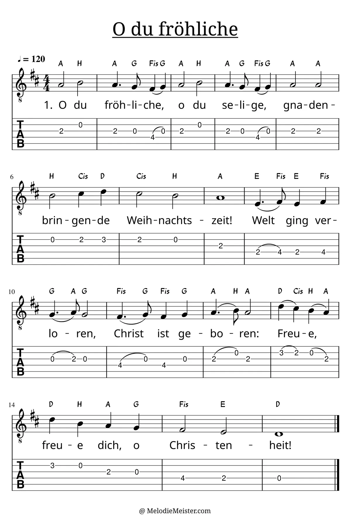 O du fröhliche – Noten für Gitarre mit Tabulatur und Text zum Weihnachtslieder Adventslied, geeignet für Anfänger