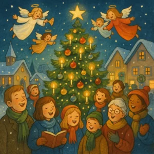 Fröhliche Menschen singen an einem festlich geschmückten Weihnachtsbaum in einem verschneiten Dorf, über ihnen schweben Engel am Nachthimmel und verkünden die Geburt Christi.