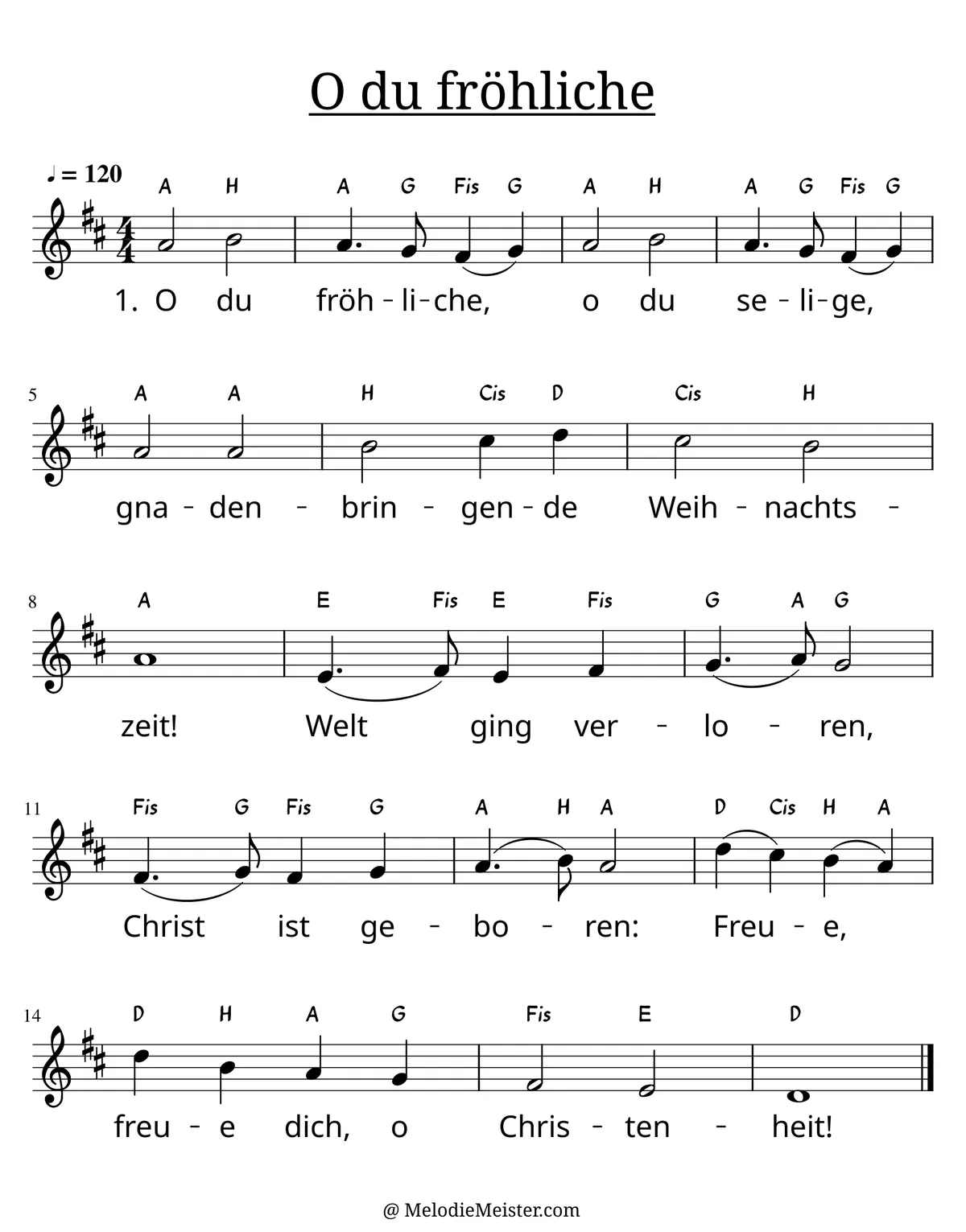 Notenblatt „O du fröhliche“. Einstimmige Melodie im Violinschlüssel, D-Dur, 4/4-Takt, mit der 1. Strophe des Liedtextes.