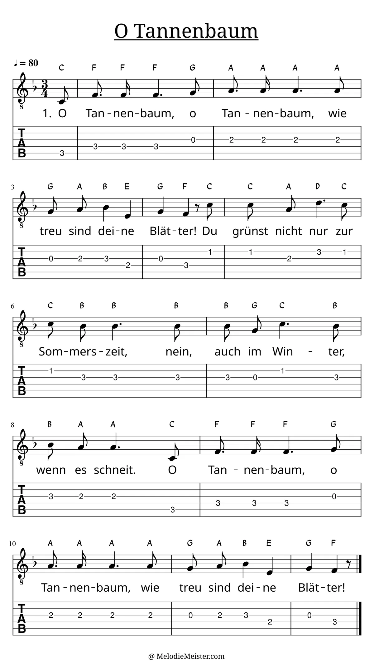 O Tannenbaum – Noten für Gitarre mit Tabulatur und Text zum Weihnachtslieder Adventslied, geeignet für Anfänger