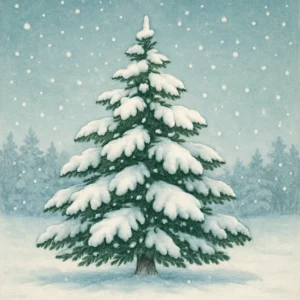 Großer, grüner Tannenbaum mit schneebedeckten Ästen steht in einer verschneiten Landschaft, im Hintergrund ein Winterwald und fallende Schneeflocken.