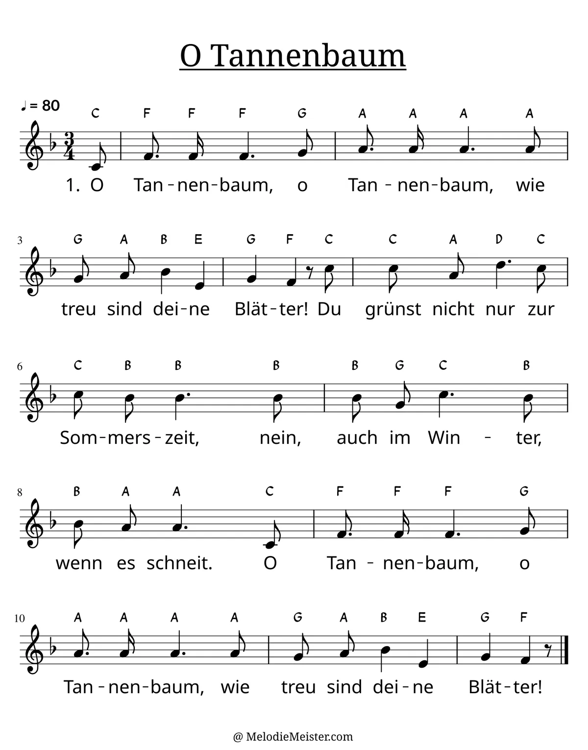 Notenblatt „O Tannenbaum“. Einstimmige Melodie im Violinschlüssel, F-Dur, 3/4-Takt, mit der 1. Strophe des Liedtextes.