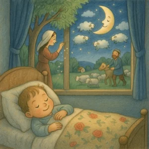 Ein Kind schläft friedlich im Bett, Vater hütet draußen Schafe, Mutter schüttelt einen Baum, und am Fenster ziehen am Nachthimmel Wolken-Schafe und funkelnde Sterne vorbei.