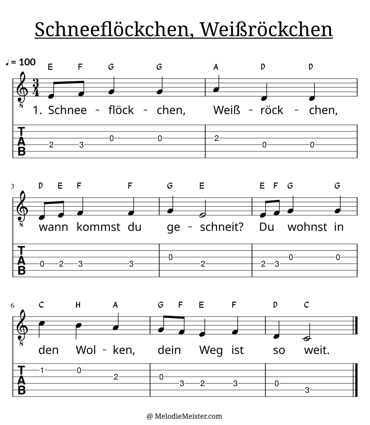 Schneeflöckchen, Weißröckchen – Noten für Gitarre mit Tabulatur und Text zum Kinderlied, geeignet für Anfänger