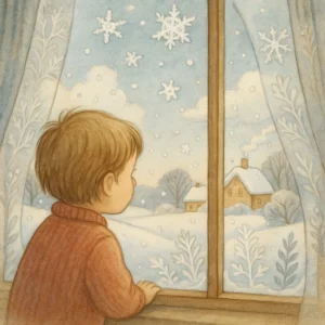 Ein Kind sitzt am Fenster und blickt auf eine verschneite Winterlandschaft, während zarte Schneeflocken vom Himmel fallen; das Fenster ist mit Eisblumen verziert, draußen bedecken Schnee und weiße Dächer die Szenerie.