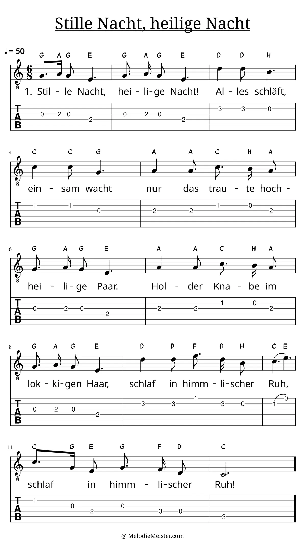 Stille Nacht, heilige Nacht – Noten für Gitarre mit Tabulatur und Text zum Weihnachtslieder Adventslied, geeignet für Anfänger