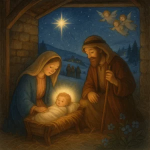 Heilige Familie sitzt bei Nacht im Stall an der Krippe mit dem Jesuskind; darüber leuchtet der Stern von Bethlehem, Engel und Hirten stehen in verschneiter Landschaft.