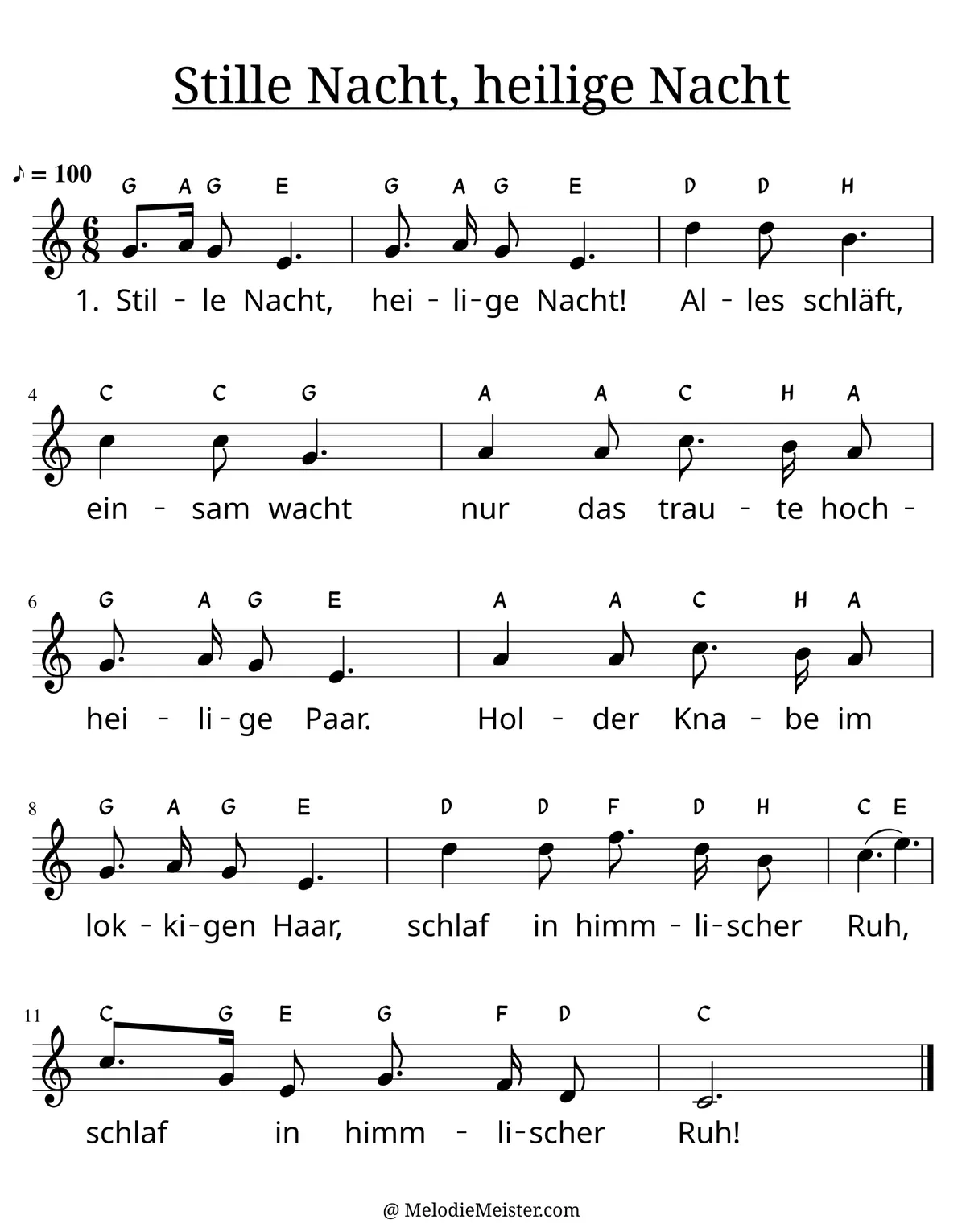 Notenblatt „Stille Nacht, heilige Nacht“. Einstimmige Melodie im Violinschlüssel, C-Dur, 6/8-Takt, mit der 1. Strophe des Liedtextes.