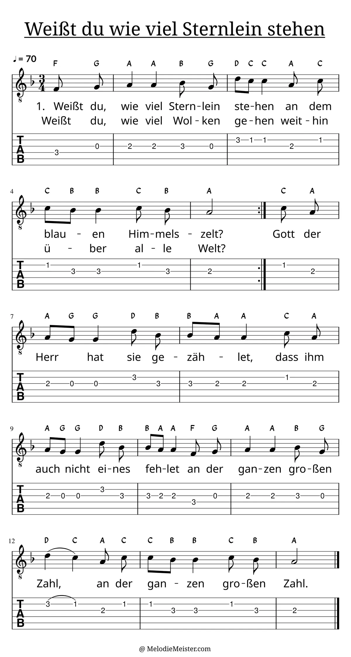 Weißt du wieviel Sternlein stehen – Noten für Gitarre mit Tabulatur und Text zum Schlaflied, geeignet für Anfänger