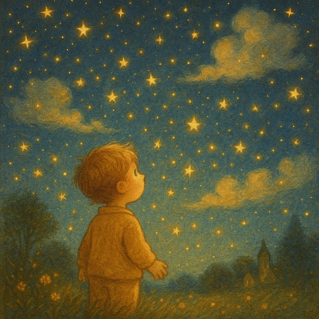 Ein Kind schaut staunend in den Nachthimmel, der von zahllosen funkelnden Sternen und vorbeiziehenden Wolken übersät ist.