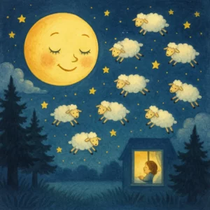 Der goldene Mond blickt lächelnd vom Nachthimmel auf weiße Schäfchen, die zwischen funkelnden Sternen auf einer blauen Himmelswiese „grasen“; im Vordergrund stehen dunkle Bäume.