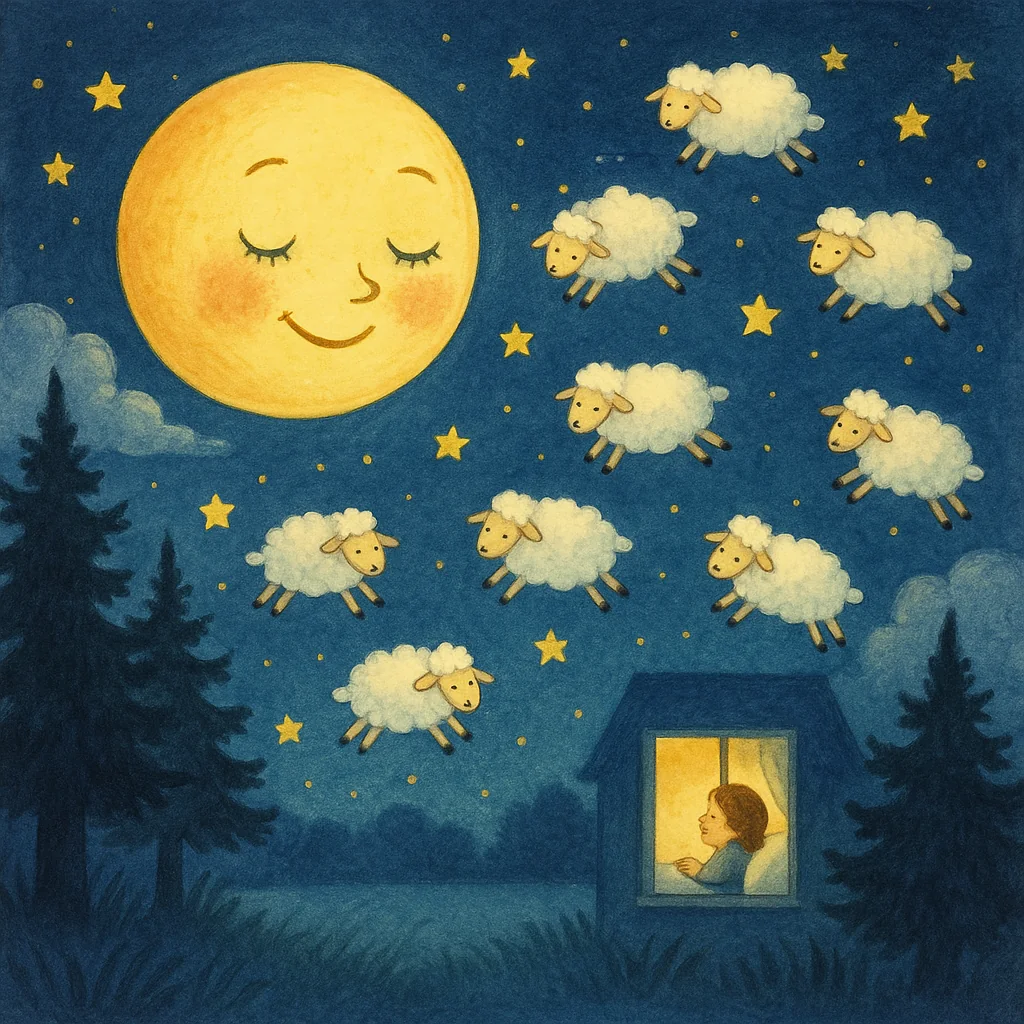 Der goldene Mond blickt lächelnd vom Nachthimmel auf weiße Schäfchen, die zwischen funkelnden Sternen auf einer blauen Himmelswiese „grasen“; im Vordergrund stehen dunkle Bäume.