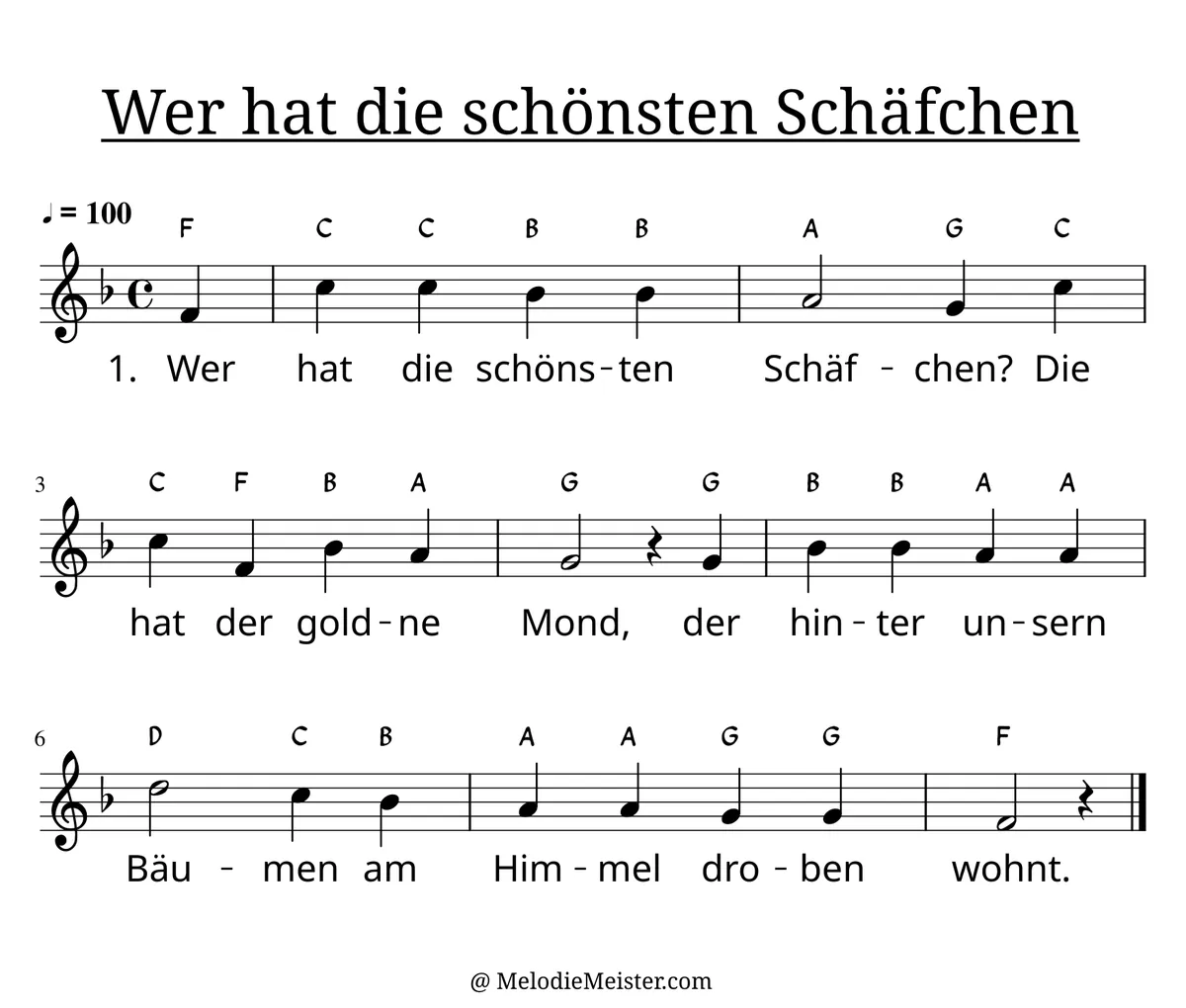 Notenblatt „Wer hat die schönsten Schäfchen“. Einstimmige Melodie im Violinschlüssel, F-Dur, 4/4-Takt, mit der 1. Strophe des Liedtextes.