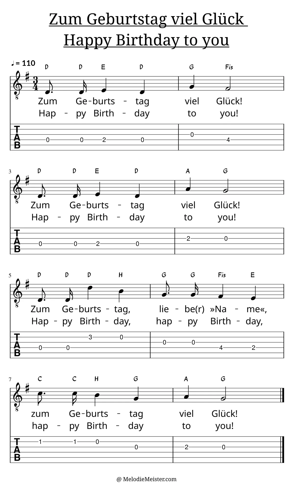 Zum Geburtstag viel Glück (Happy Birthday to you) – Noten für Gitarre mit Tabulatur und Text zum Volkslied, geeignet für Anfänger