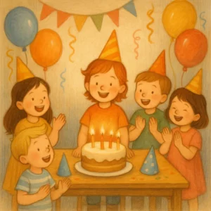 Fröhliche Geburtstagsrunde mit Kindern um einen gedeckten Tisch, auf dem ein Geburtstagskuchen mit Kerzen steht; das Geburtstagskind freut sich, umgeben von Luftballons und bunten Girlanden.