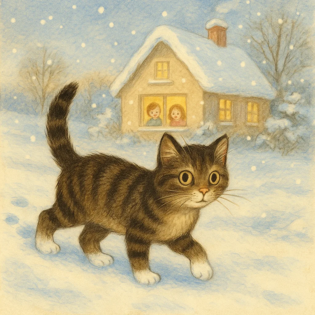 Katze mit weißen Pfoten läuft durch verschneite Winterlandschaft, gemütliches Haus im Hintergrund, freundliche Kinderbuchszene.