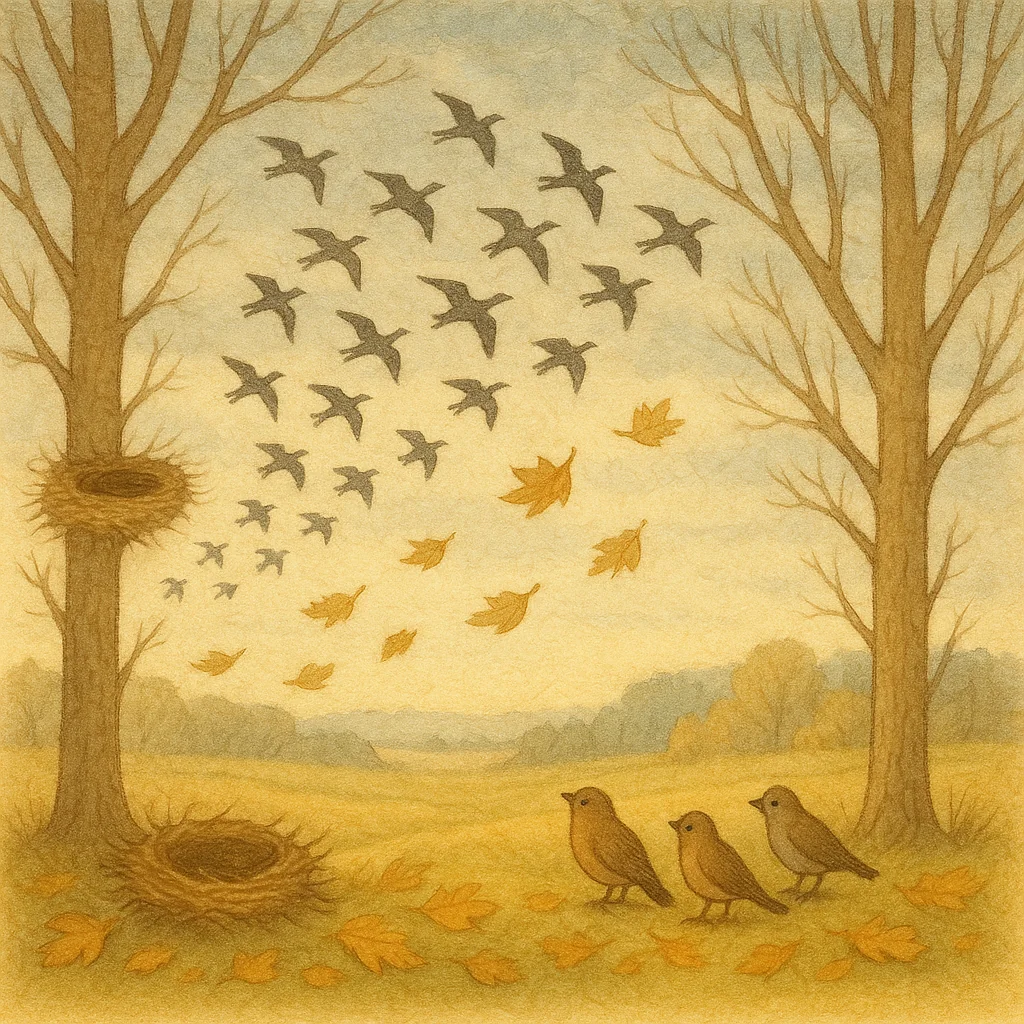Melancholische Kinderbuch-Illustration: Ein Schwarm Zugvögel fliegt über eine herbstliche Landschaft mit kahlen Bäumen und leeren Nestern, am Himmel ziehen Wolken, die Atmosphäre ist ruhig und leicht traurig – passend zum Lied „Abschied der Zugvögel“.