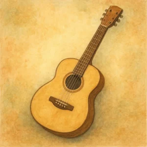 Ein handgemaltes Aquarell, das eine Akustikgitarre mit sechs Saiten auf einem beigefarbenen, leicht strukturierten Hintergrund darstellt.