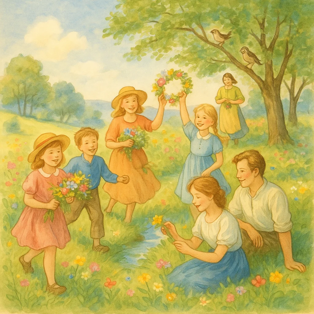 Fröhliche Menschen und Kinder auf blühender Frühlingswiese, pflücken Blumen, winden Kränze, Sonne, Vögel, fröhliche Szene im Bilderbuchstil.