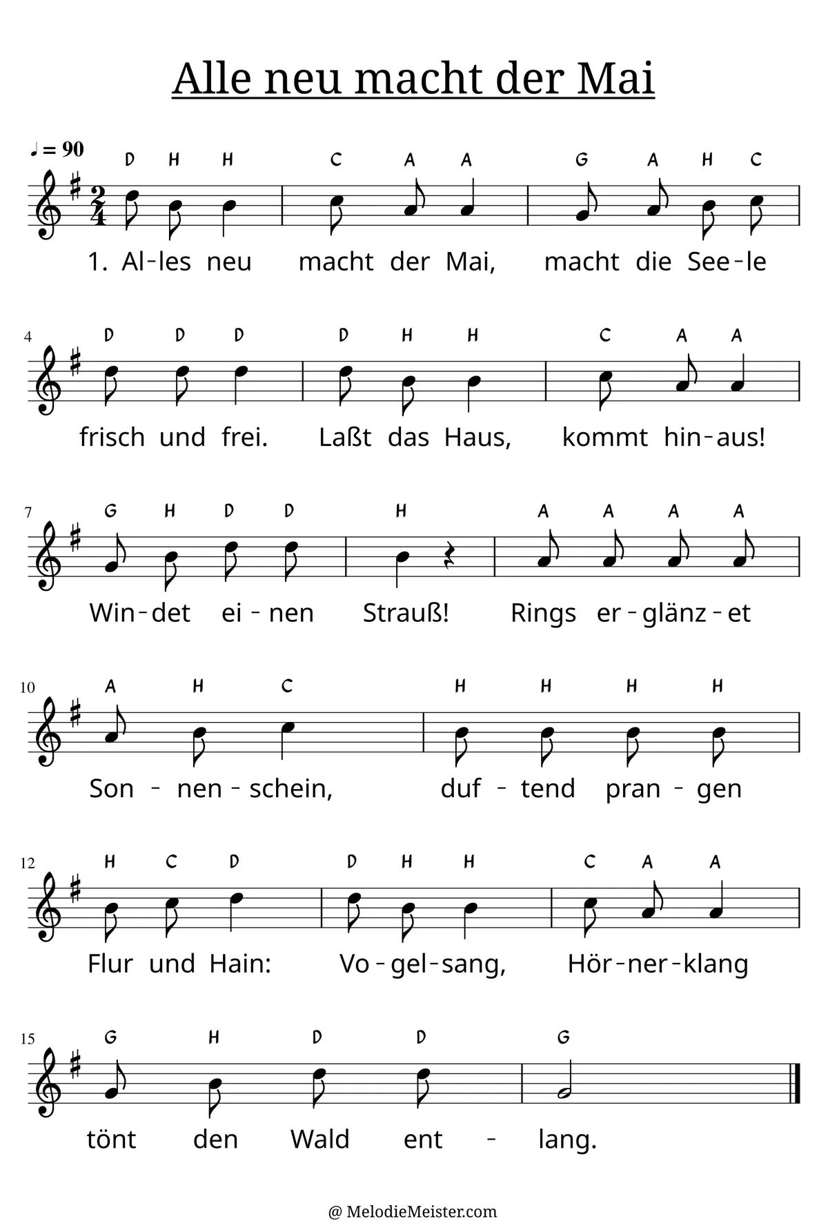 Notenblatt „Alles neu macht der Mai“. Einstimmige Melodie im Violinschlüssel, G-Dur, 2/4-Takt, mit der 1. Strophe des Liedtextes.