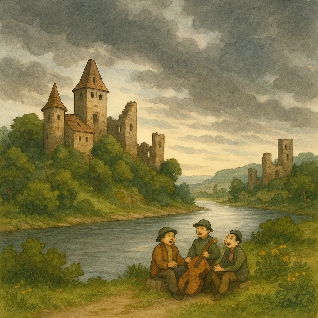 Mehrere alte Burgen mit teils verfallenen Dächern stehen auf Hügeln am Ufer eines breiten Flusses, dunkle Wolken ziehen am Himmel, illustriert im klassischen Bilderbuchstil.