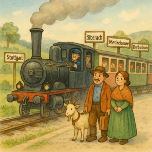 Nostalgische Dampfeisenbahn fährt durch schwäbische Landschaft, Bauer mit Ziege und Frau am Bahnsteig, Ortsschilder, humorvolle Kinderbuchszene.