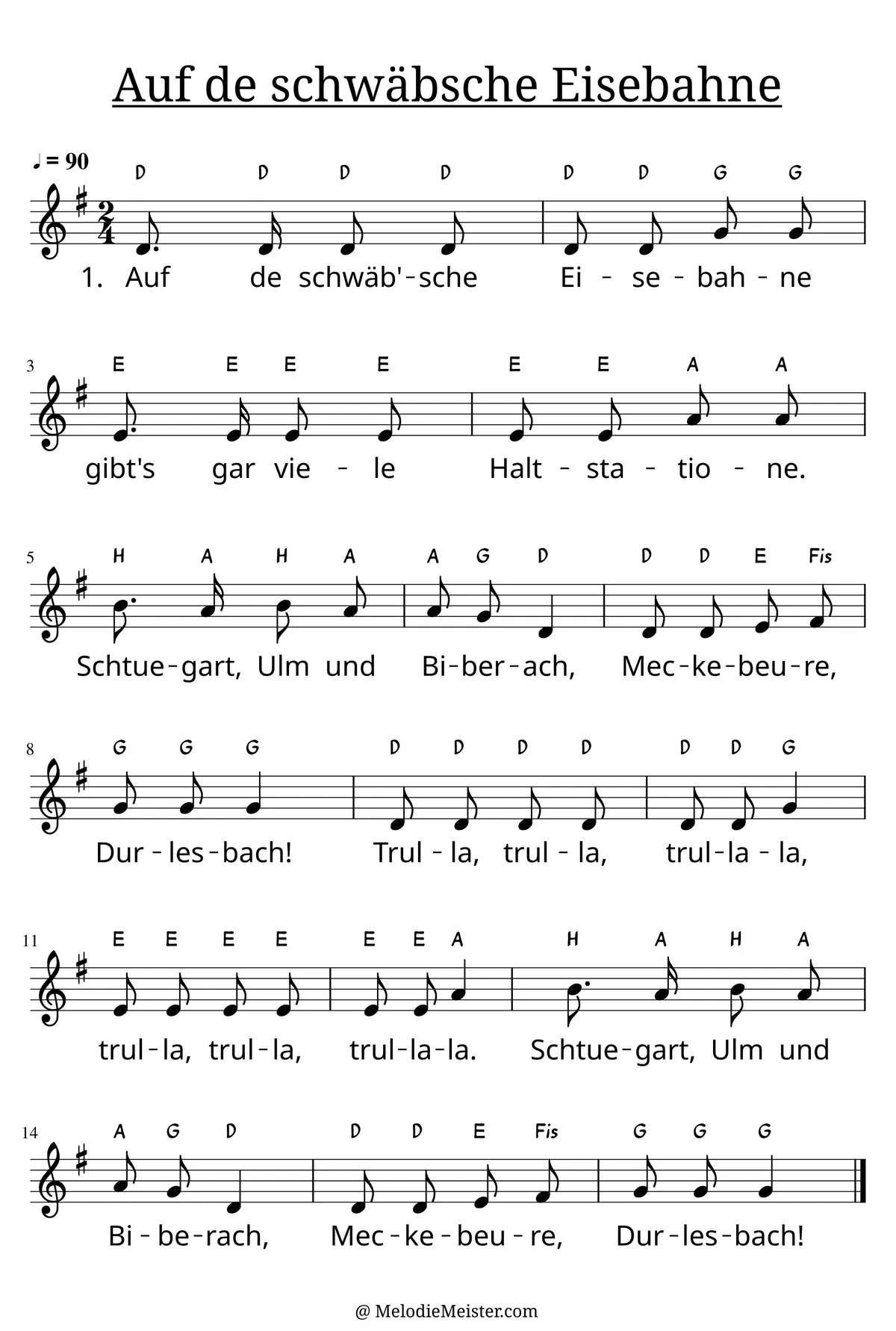 Notenblatt „Auf de schwäbsche Eisebahne“. Einstimmige Melodie im Violinschlüssel, G-Dur, 2/4-Takt, mit der 1. Strophe des Liedtextes.