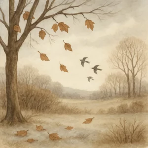 Stimmungsvolle Kinderbuch-Illustration: Auf kahlen Ästen hängen die letzten Blätter, die Landschaft ist spätherbstlich und ruhig, Reif liegt auf dem Boden, Nebel liegt über dem Feld – passend zum Lied „Bald fällt von diesen Zweigen“.