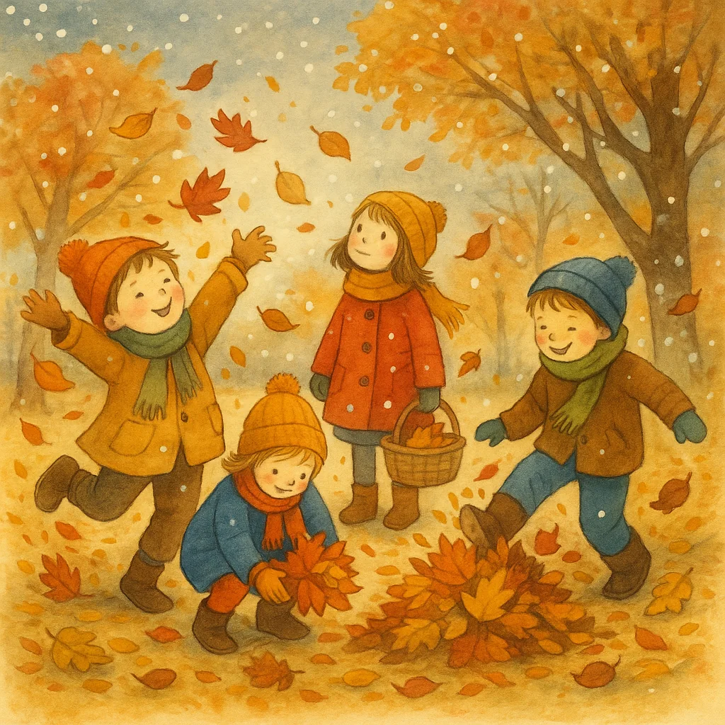 Kinder spielen im herbstlichen Park mit gelben, roten, braunen und bunten Blättern, erste Schneeflocken fallen, stimmungsvolle Bilderbuchszene.