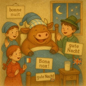 Humorvolle Illustration: Ein Ochse mit Nachtmütze liegt lachend im Bett, umgeben von Kindern, die sich auf verschiedene Sprachen gute Nacht wünschen, liebevoll wie im Bilderbuch.