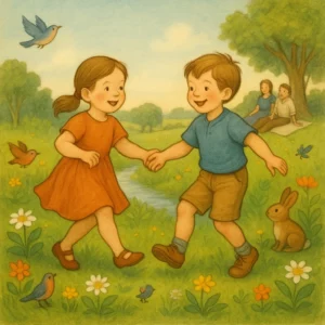 Ein Junge und ein Mädchen tanzen lachend Hand in Hand auf einer blühenden Wiese, umgeben von Blumen und kleinen Tieren, illustriert im klassischen Kinderbuchstil.