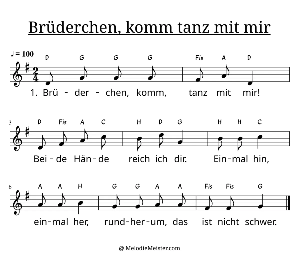 Notenblatt „Brüderchen, komm, tanz mit mir“. Einstimmige Melodie im Violinschlüssel, G-Dur, 2/4-Takt, mit der 1. Strophe des Liedtextes.