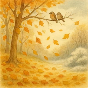 Herbstliche Kinderbuch-Illustration: Bunte Blätter fallen sanft von den Bäumen, zwei kleine Vögel sitzen traurig auf einem kahlen Ast, zarter Nebel liegt über dem herbstlichen Park. Im Hintergrund schimmert bereits etwas Schnee – stimmungsvolle Szene passend zum Lied „Das Laub fällt von den Bäumen“.