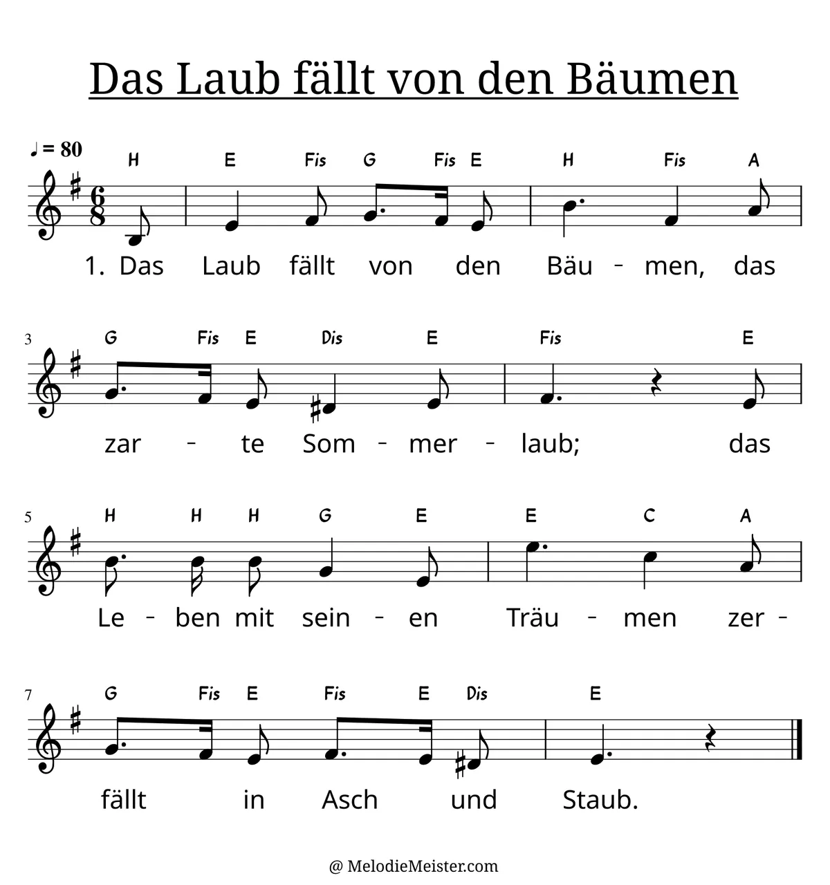 Notenblatt „Das Laub fällt von den Bäumen“. Einstimmige Melodie im Violinschlüssel, e-moll, 6/8-Takt, mit der 1. Strophe des Liedtextes.
