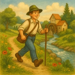 Ein junger Müller wandert mit Stock und Hut entlang eines Baches, im Hintergrund eine Wassermühle mit drehendem Mühlrad, blühende Landschaft und freundlicher Himmel, illustriert im klassischen Bilderbuchstil.