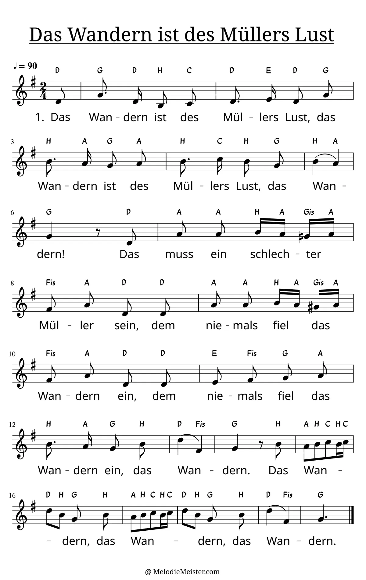 Notenblatt „Das Wandern ist des Müllers Lust“. Einstimmige Melodie im Violinschlüssel, G-Dur, 2/4-Takt, mit der 1. Strophe des Liedtextes.