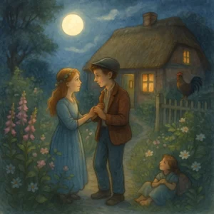 Heimliche Begegnung zweier junger Menschen im Mondschein vor Reetdachhaus, Hahn auf Zaun, romantische, verträumte Szene im Bilderbuchstil.