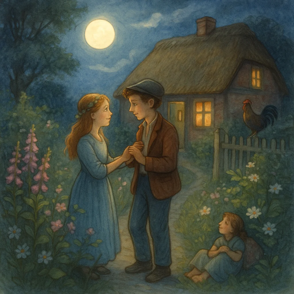 Heimliche Begegnung zweier junger Menschen im Mondschein vor Reetdachhaus, Hahn auf Zaun, romantische, verträumte Szene im Bilderbuchstil.