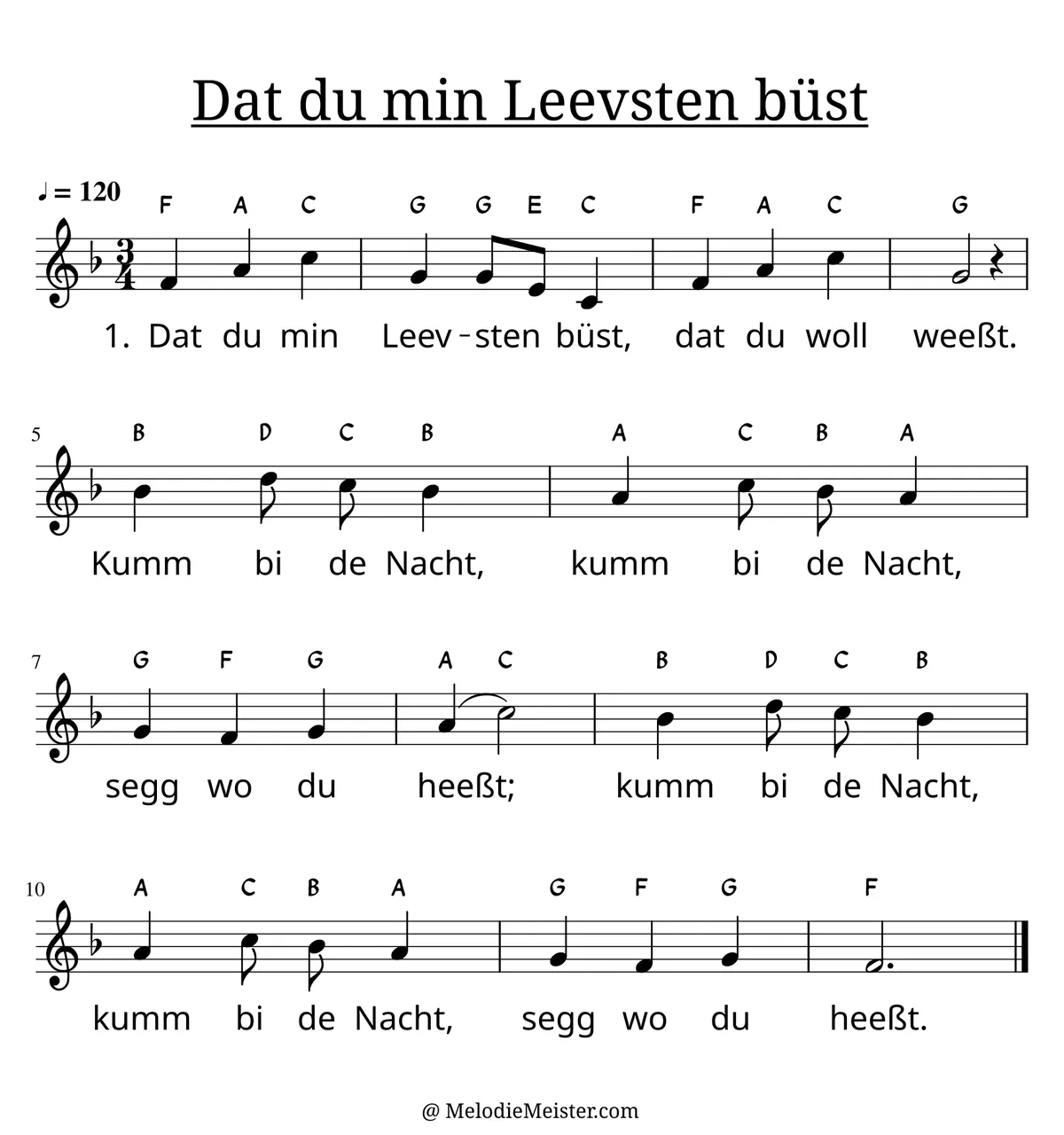 Notenblatt „Dat du min Leevsten büst“. Einstimmige Melodie im Violinschlüssel, F-Dur, 3/4-Takt, mit der 1. Strophe des Liedtextes.