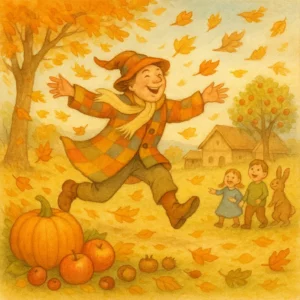 Kinderbuch-Illustration: Ein fröhlicher Herbst-Geselle mit buntem Mantel tanzt lachend durch eine stürmische Herbstlandschaft. Bunte Blätter wirbeln, Bäume werden zerzaust, Kürbisse und Äpfel liegen im Vordergrund, Kinder und Tiere schauen begeistert zu.