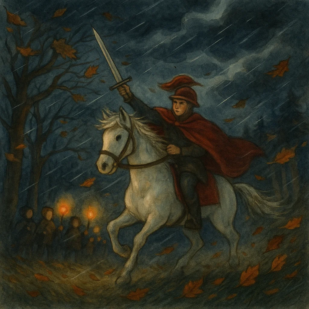 Sankt Martin reitet im Sturm auf weißem Pferd durch dunklen Wald, Kinder mit Fackeln im Hintergrund, wirbelnde Blätter und Nebel, stimmungsvolle Kinderbuchszene.