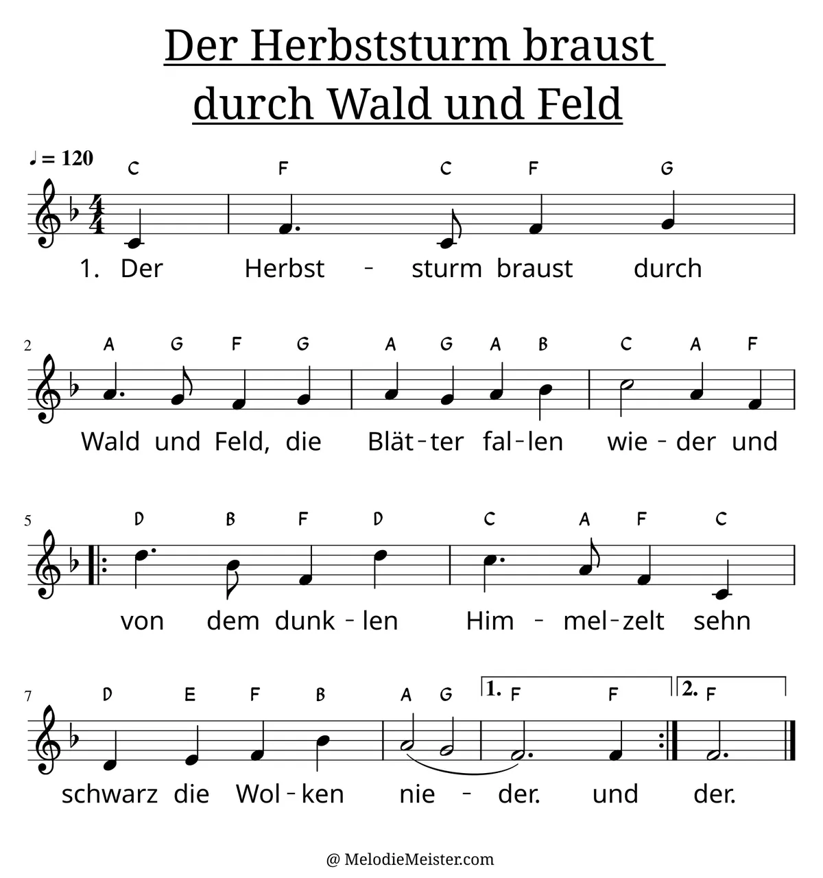 Notenblatt „Der Herbststurm braust durch Wald und Feld“. Einstimmige Melodie im Violinschlüssel, F-Dur, 4/4-Takt, mit der 1. Strophe des Liedtextes.