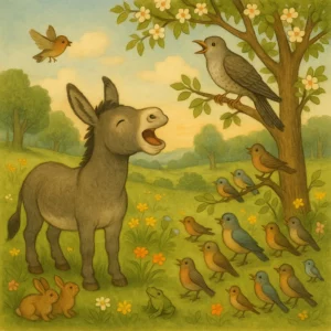 Ein Esel und ein Kuckuck singen gemeinsam auf einer bunten Frühlingswiese, Blumen und Bäume blühen, um sie herum lauschen weitere Tiere, illustriert im klassischen Bilderbuchstil.
