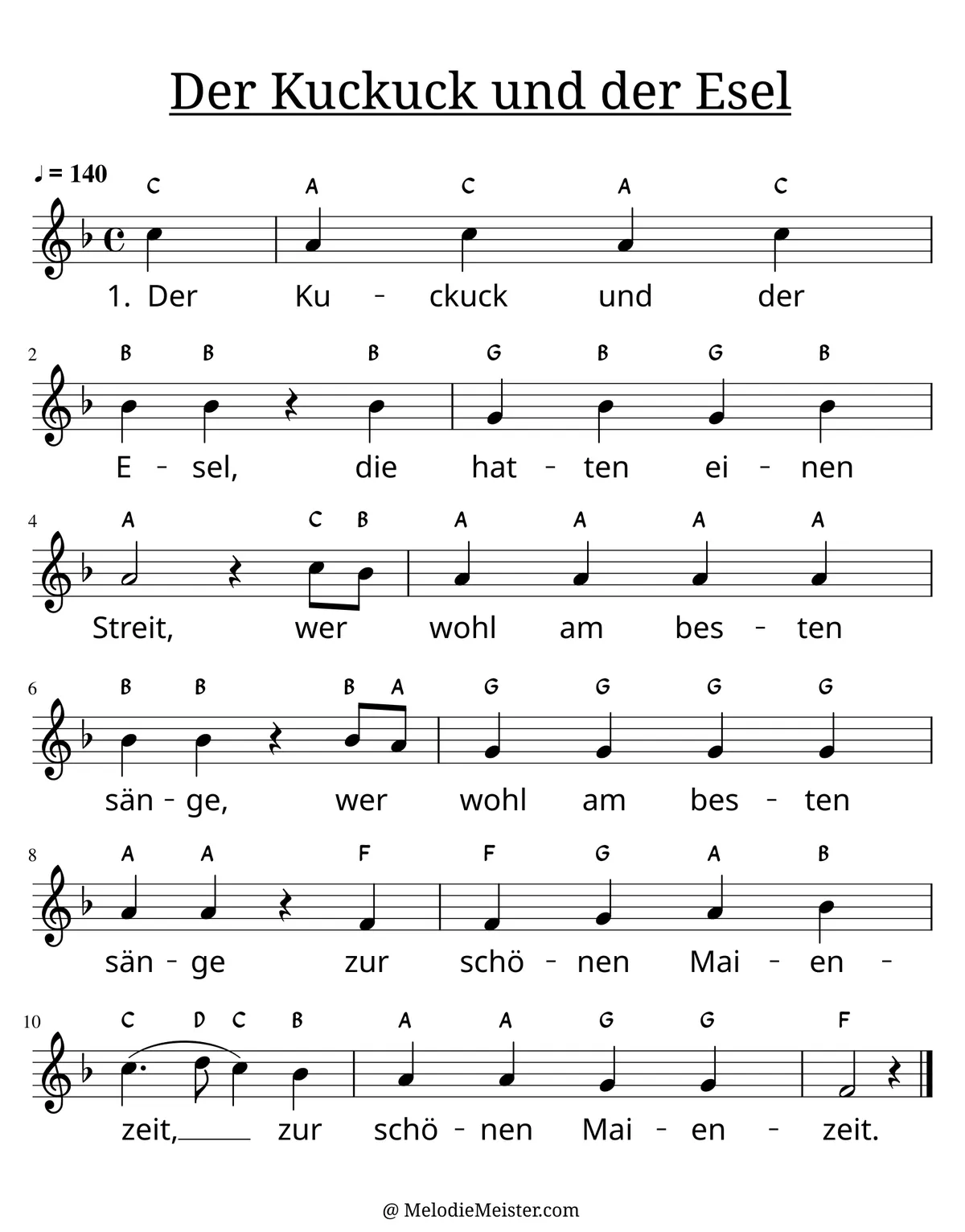 Notenblatt „Der Kuckuck und der Esel“. Einstimmige Melodie im Violinschlüssel, F-Dur, 4/4-Takt, mit der 1. Strophe des Liedtextes.