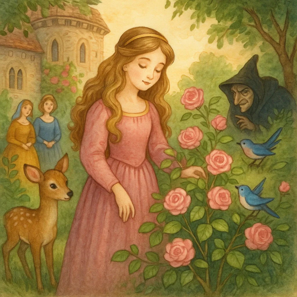 Dornröschen als schönes Mädchen im Schlossgarten, umgeben von Rosen, Reh und Vögeln, ein geheimnisvoller Schatten der bösen Fee im Hintergrund, märchenhafte Szene im Stil eines klassischen Kinderbuchs.