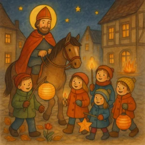 Herzliche Kinderbuch-Illustration: Der heilige Sankt Martin reitet mit rotem Mantel auf einem Pferd, umgeben von Kindern mit bunten Laternen, leuchtenden Kerzen und warmen Winterjacken bei einem festlichen Martinsumzug durch eine alte Straße.