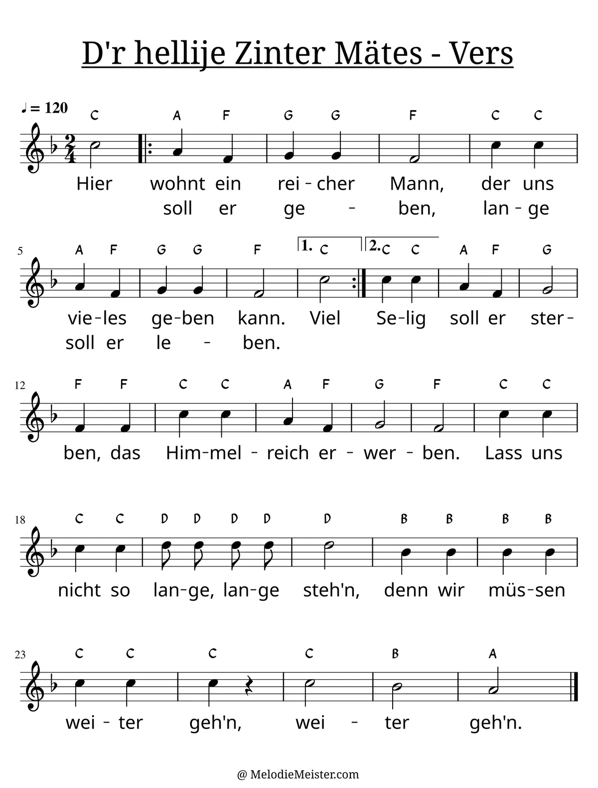 Notenblatt „D'r hellije Zinter Mätes“. Einstimmige Melodie im Violinschlüssel, F-Dur, 2/4-Takt, mit der 1. Strophe des Liedtextes.