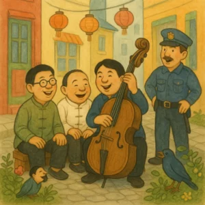 Drei lachende Männer sitzen auf einer Stadtstraße, einer spielt Kontrabass, im Hintergrund bunte Häuser und ein neugieriger Polizist, illustriert im klassischen Bilderbuchstil.